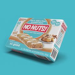 No Nuts Cinnamon Roll bar nutrition label highlights protein and fiber content.