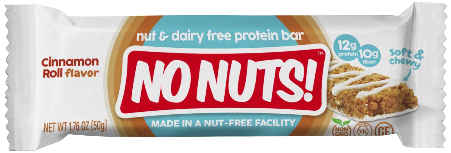 No Nuts Cinnamon Roll bar packaging front view for nut-free snack suitability.