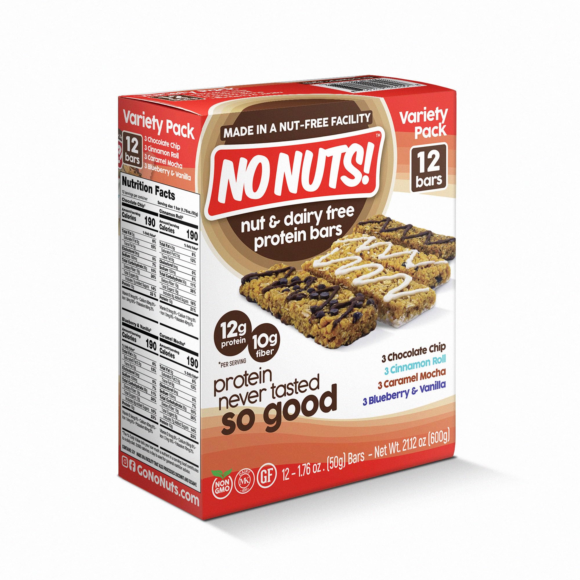 No Nuts! protein bar variety pack 12 count showing assortment for school, gym, and travel