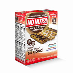 No Nuts! protein bar variety pack 12 count showing assortment for school, gym, and travel