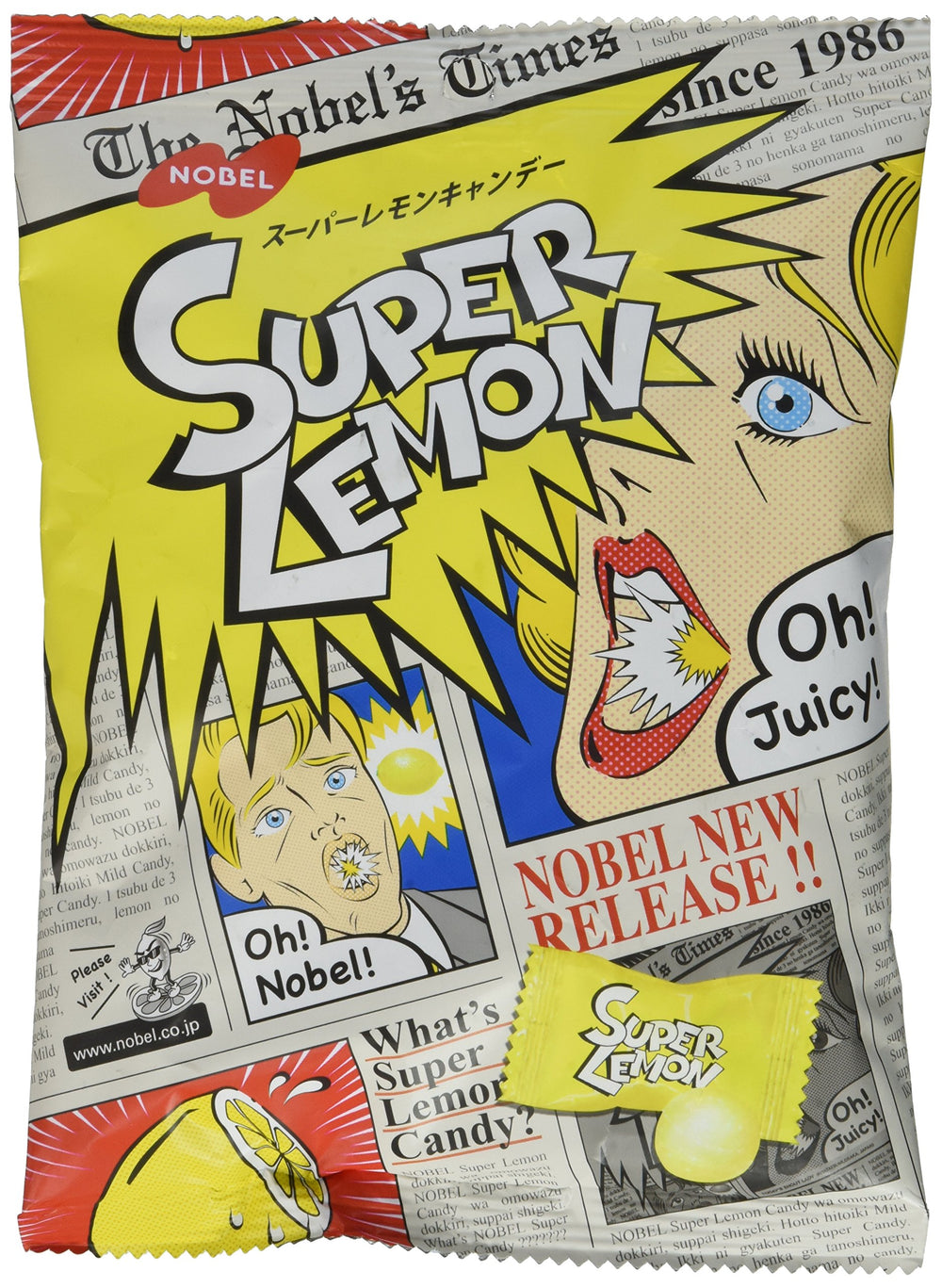 Nobel extreme sour lemon candy bag shows three-layer intensity for bold flavor exploration.