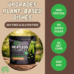 Noble Plate Meatless Crumbles browning in a skillet for texture