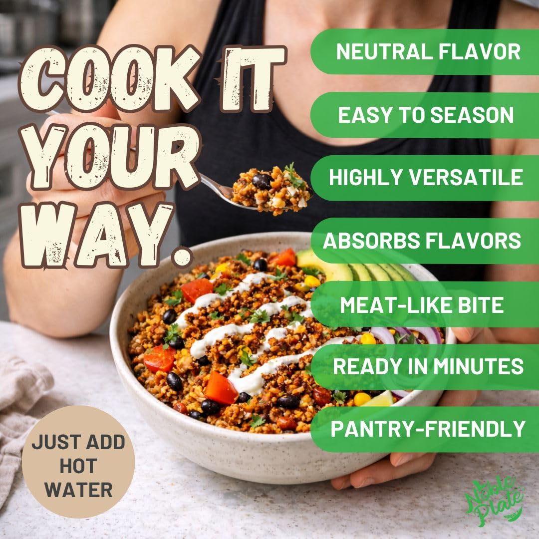 Noble Plate Meatless Crumbles browning in pan, delivering meat-like texture.