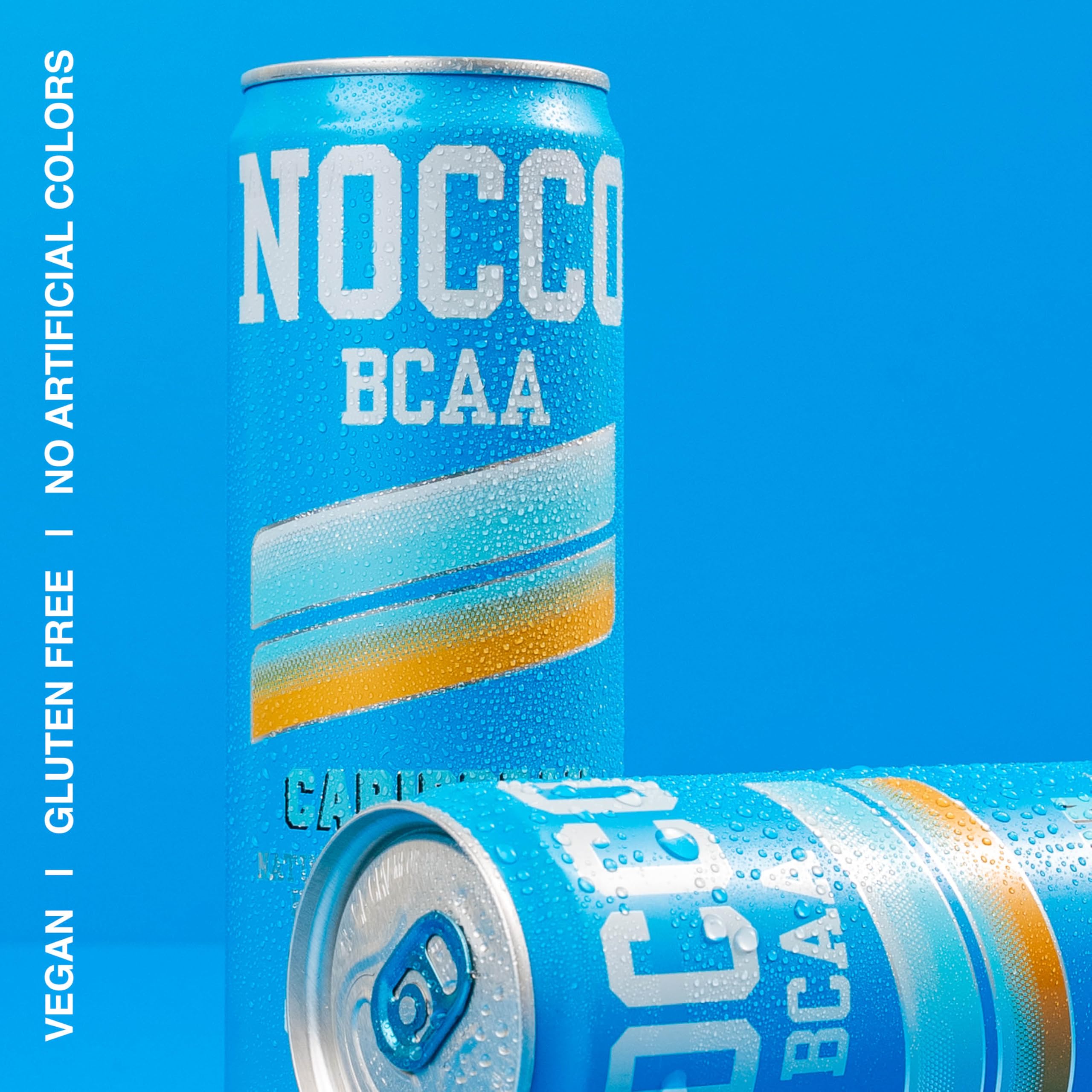 NOCCO Caribbean caffeine label close-up, indicating 180 mg caffeine per can.
