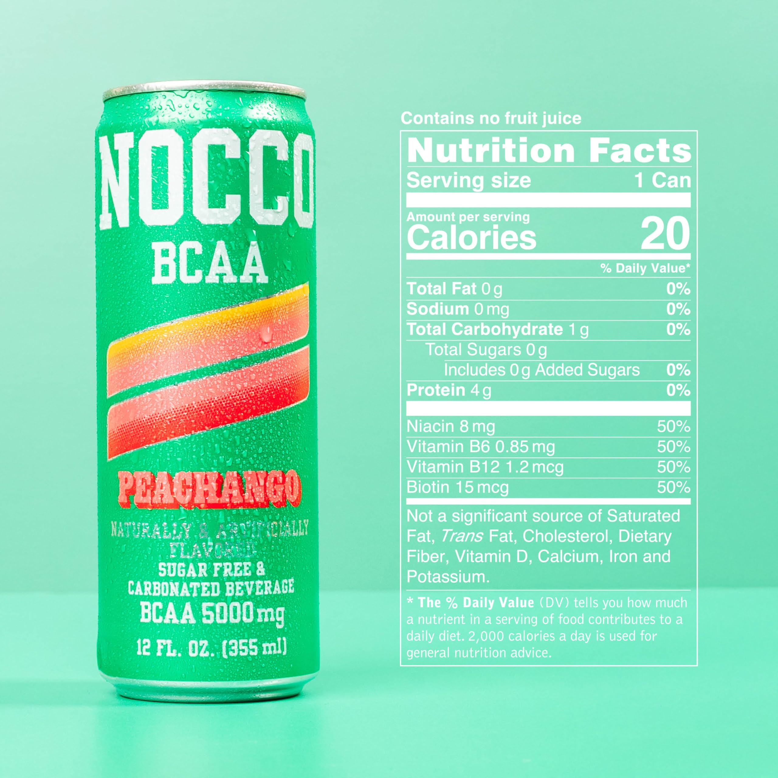 NOCCO Peachango BCAA can front view shows 5,000 mg BCAAs per can.