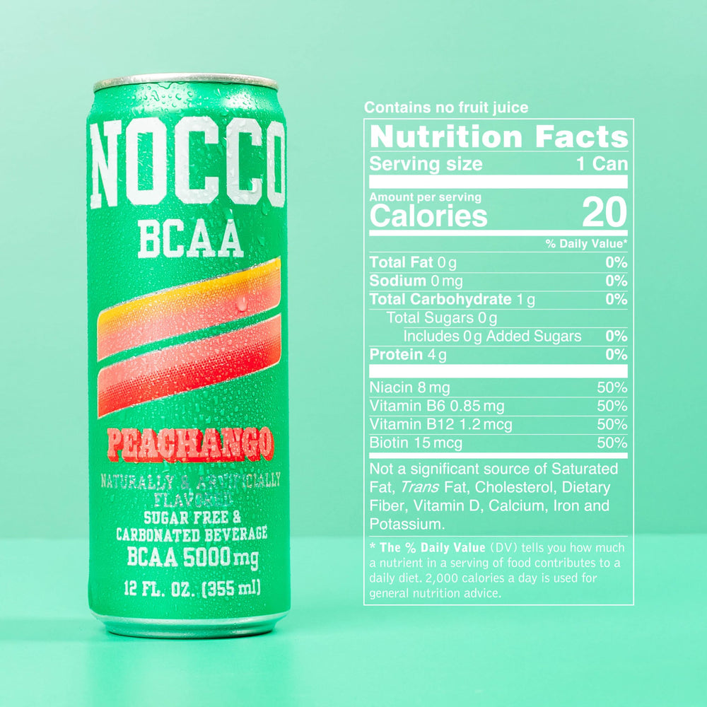 NOCCO Peachango BCAA can front view shows 5,000 mg BCAAs per can.
