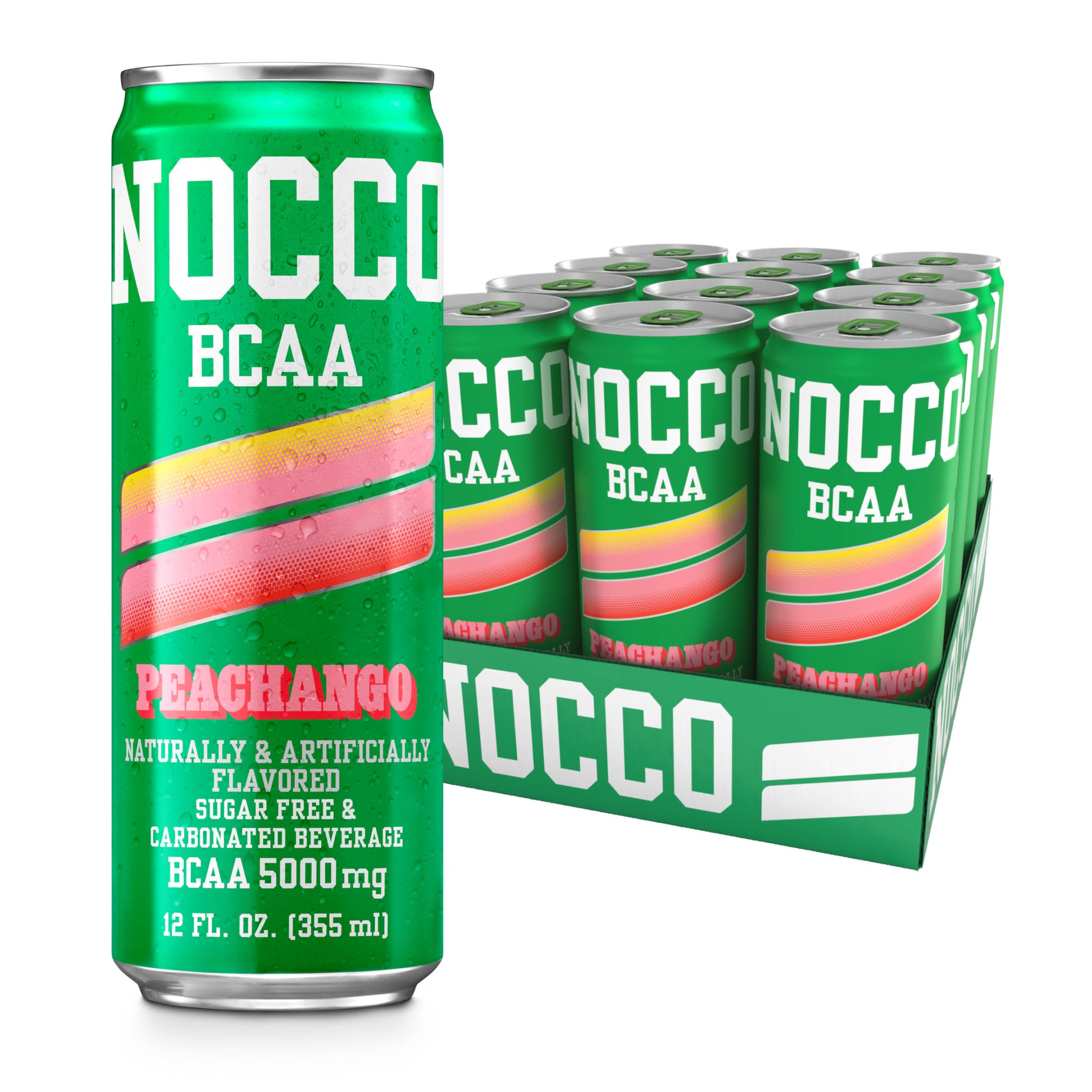 NOCCO Peachango BCAA can side view highlights zero sugar and 20 calories per can.
