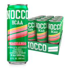 NOCCO Peachango BCAA can side view highlights zero sugar and 20 calories per can.