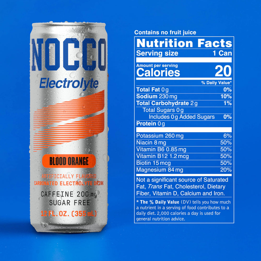NOCCO Blood Orange Electrolyte bottle closeup highlights hydration and vitamins.