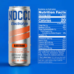 NOCCO Blood Orange Electrolyte bottle closeup highlights hydration and vitamins.