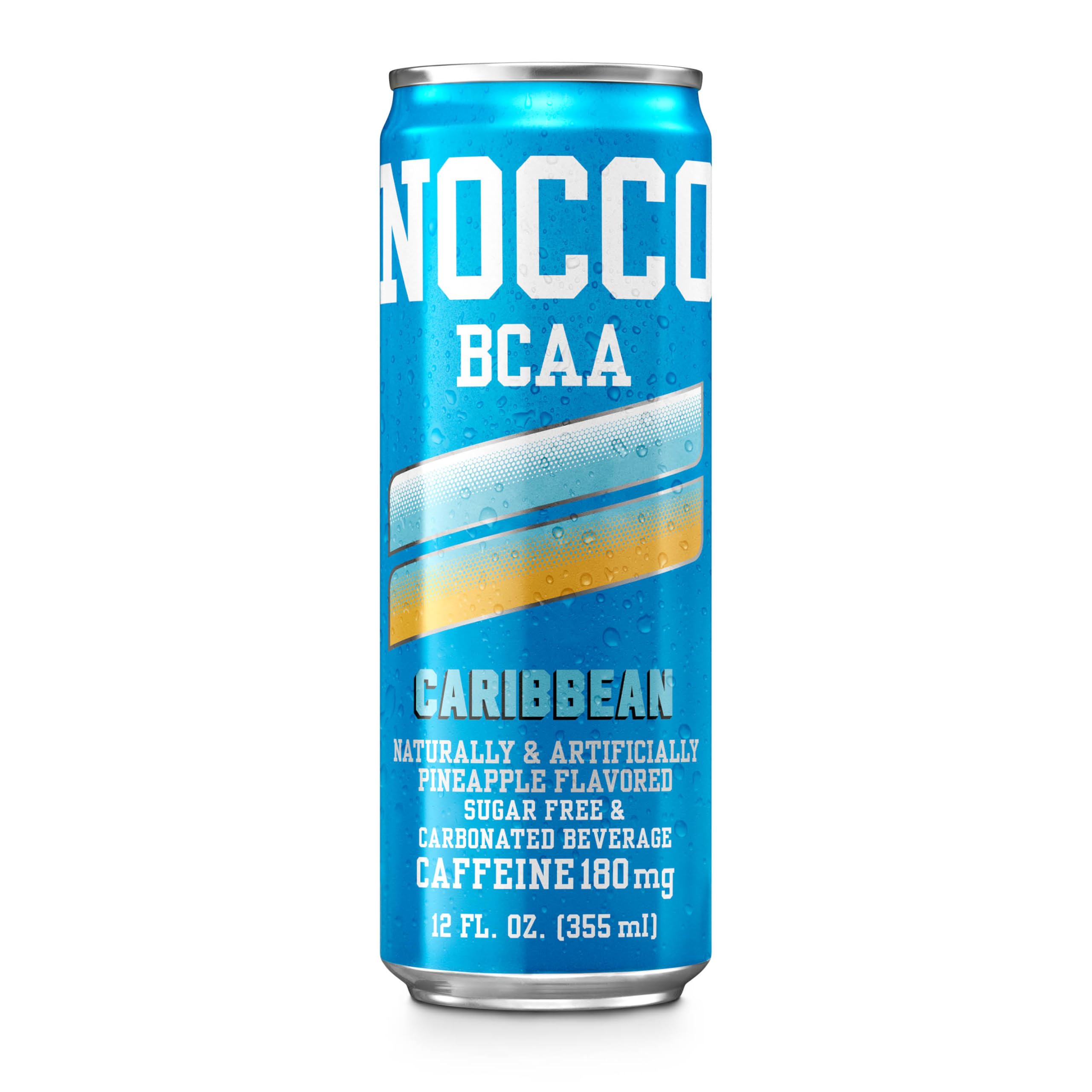 NOCCO Caribbean can on a beach scene, evoking tropical refreshment.