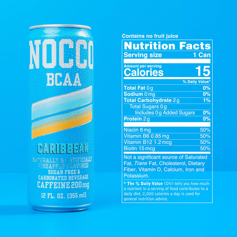 NOCCO Caribbean energy drink can with pineapple flavor shown from the side, perfect for quick energy.