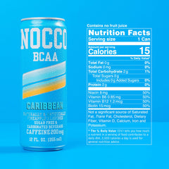 NOCCO Caribbean energy drink can with pineapple flavor shown from the side, perfect for quick energy.