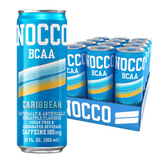 NOCCO Caribbean zero sugar energy drink can front, pineapple flavor for on-the-go refreshment.