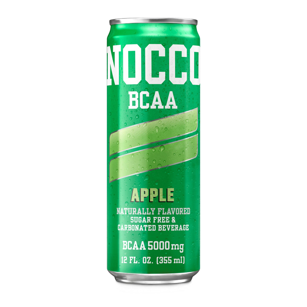 NOCCO Apple can close-up with sparkling bubbles highlighting carbonation.