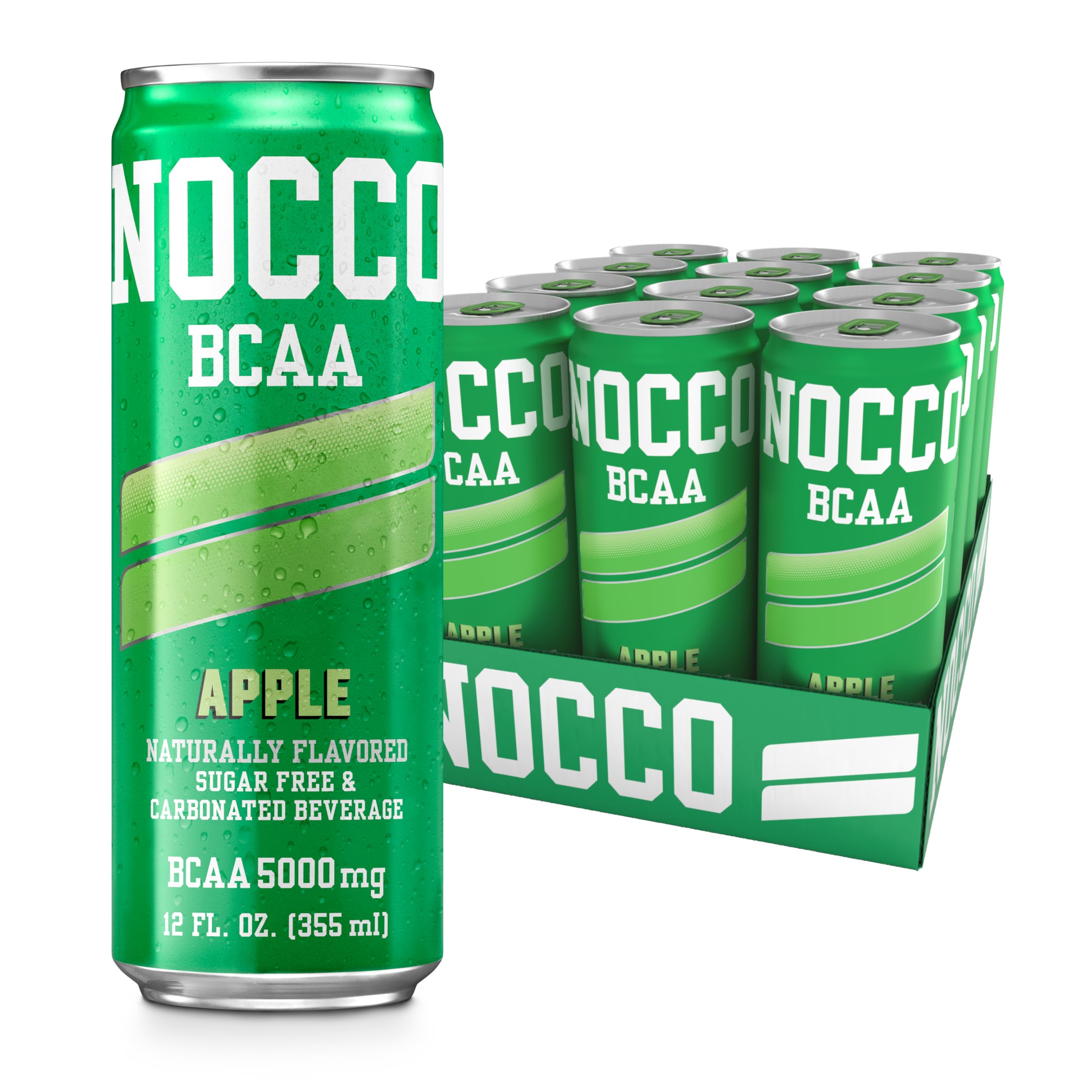 NOCCO Apple BCAA can front view showing zero sugar and 5 g BCAAs for post-workout support.