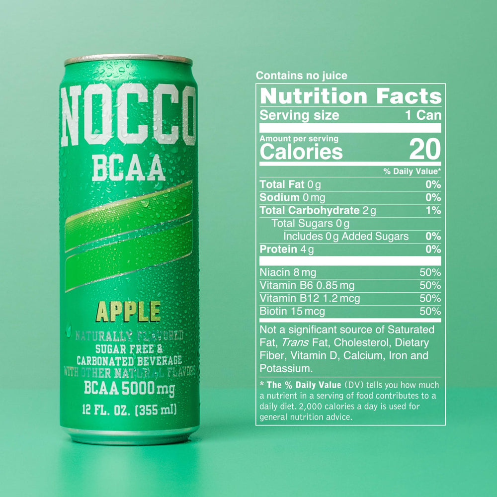 NOCCO Apple BCAA can side view with vitamin details for on-the-go refreshment.
