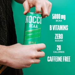 NOCCO Apple label closeup highlighting zero sugar and 20 calories.