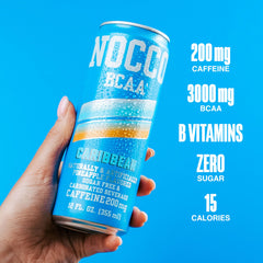 NOCCO zero sugar energy drink bottle beside water, showcasing low-calorie hydration.