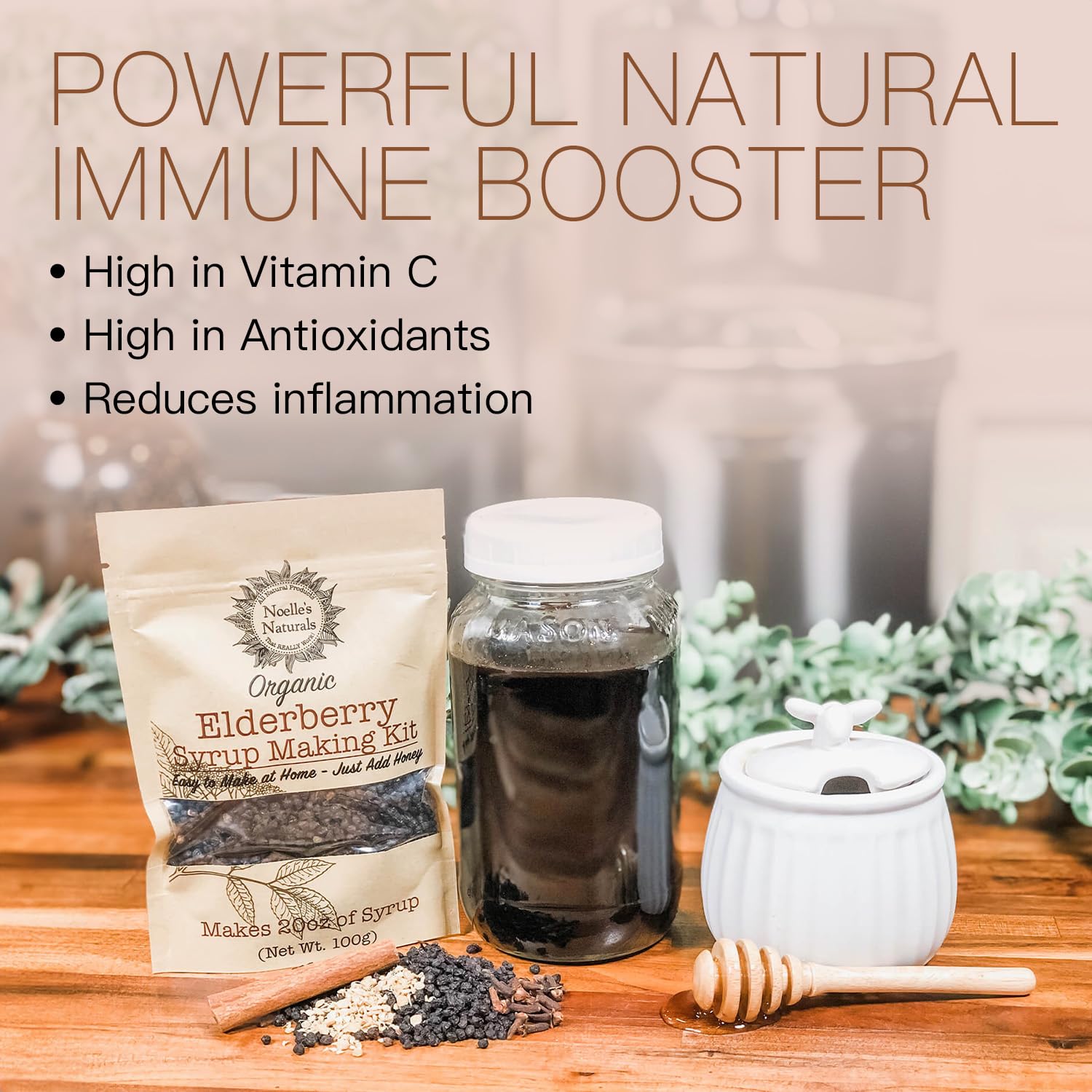 Noelle's Naturals ginger in the kit enhances flavor for elderberry syrup