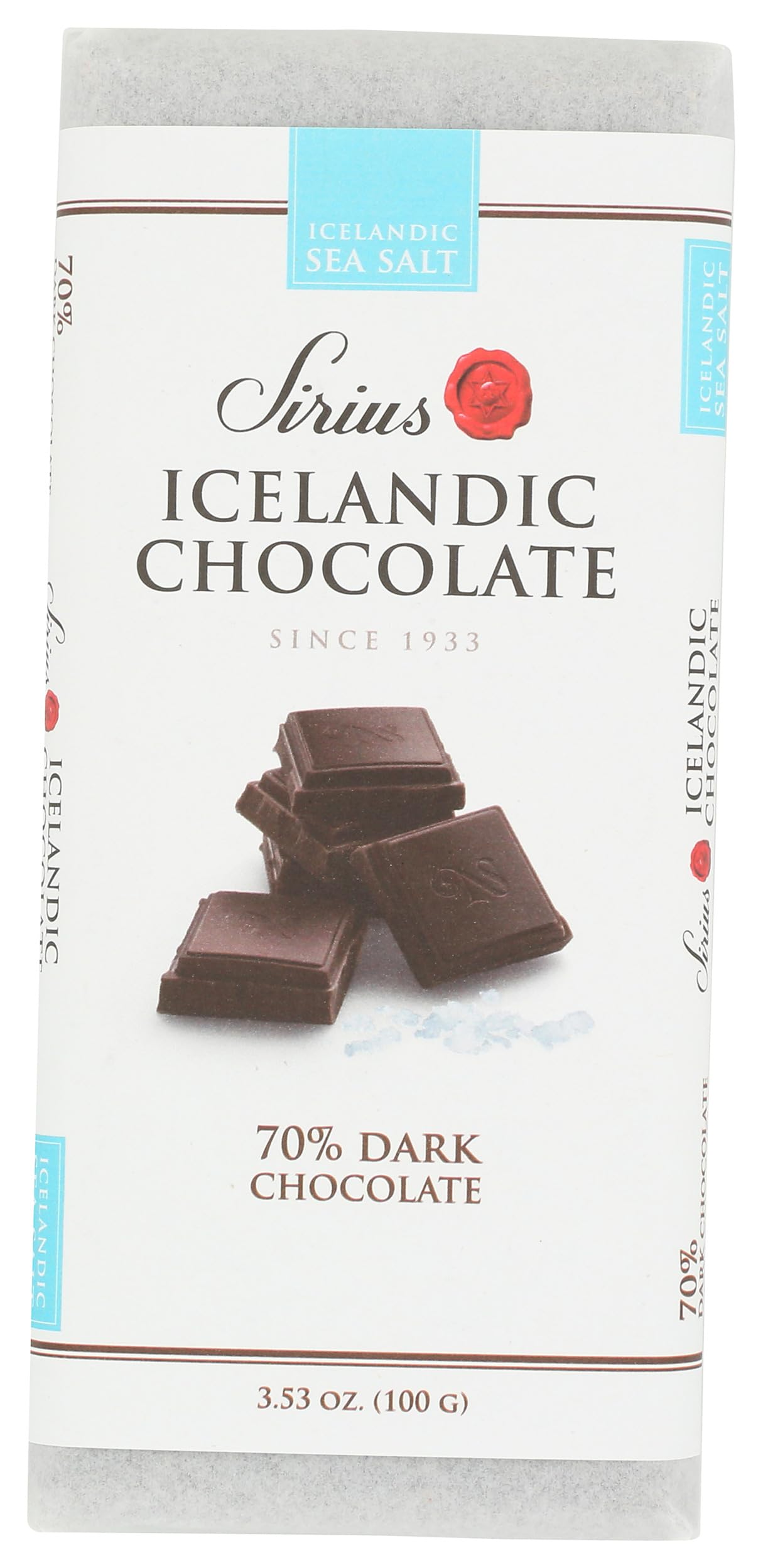 Nói Síríus sea salt 70% dark chocolate bar on display, rich, complex flavor.
