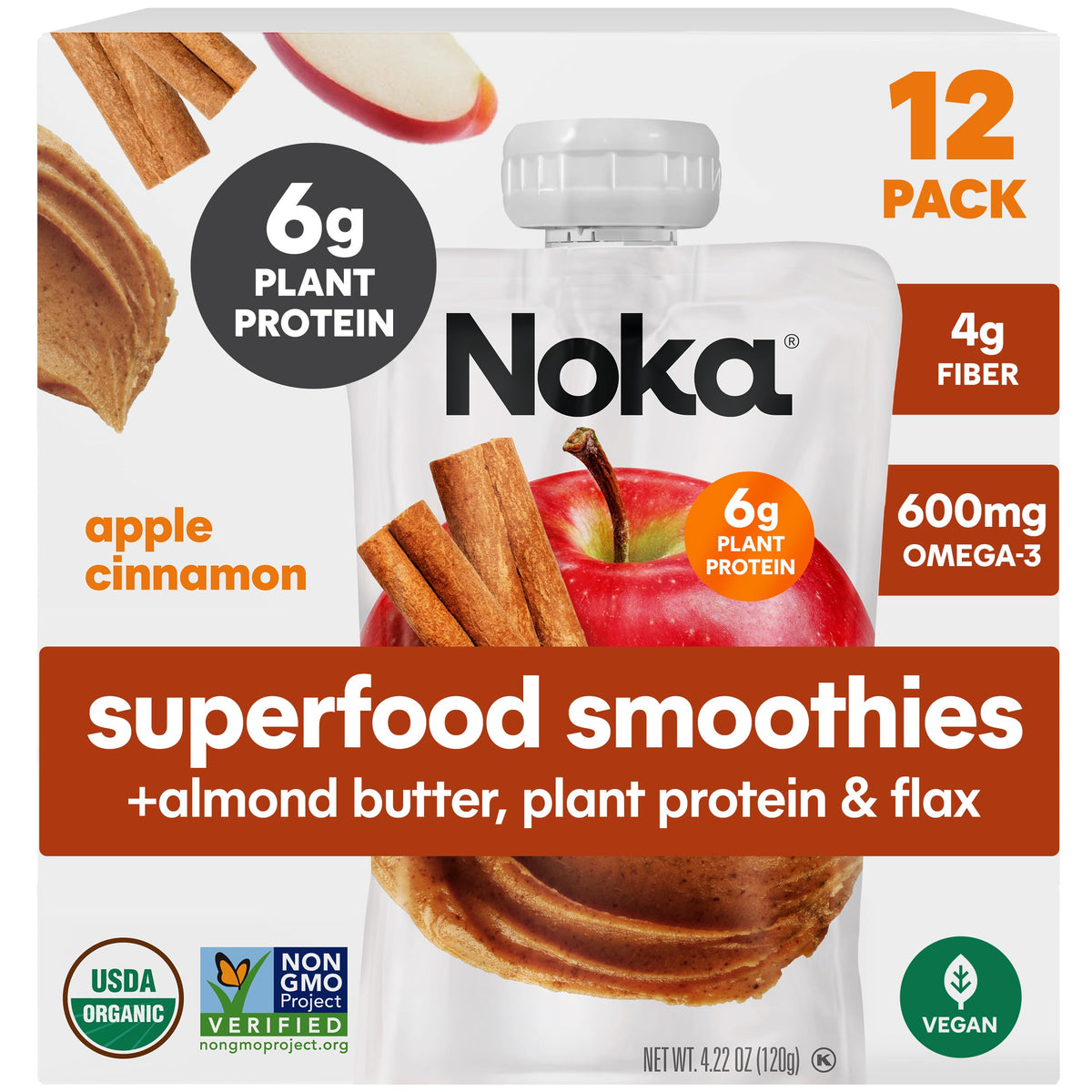 NOKA Apple Cinnamon Almond Butter smoothie pouch for on-the-go energy.