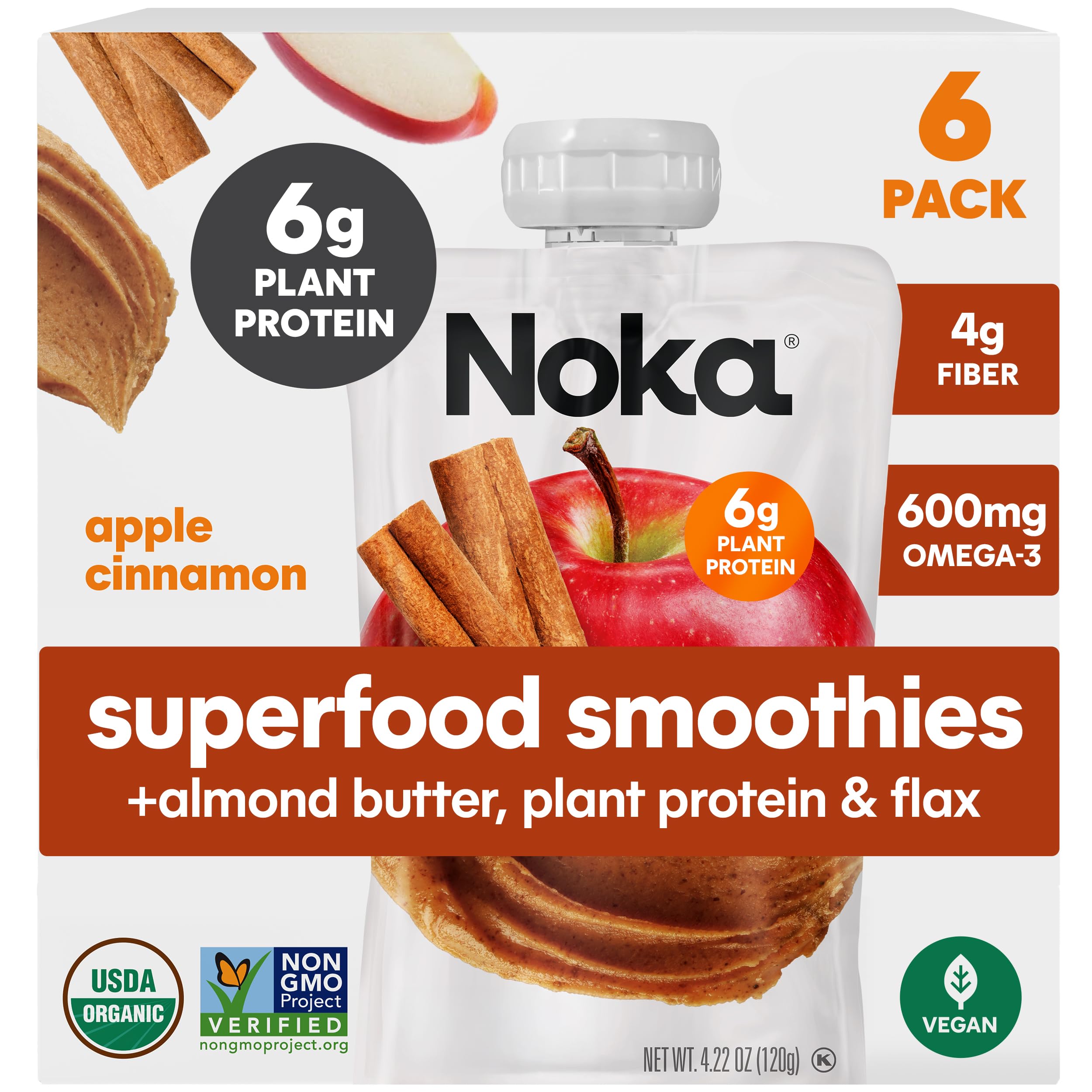 NOKA Apple Cinnamon Almond Butter smoothie pouch, convenient on-the-go snack with plant protein