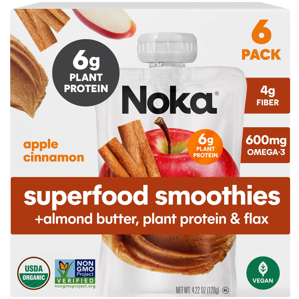 NOKA Apple Cinnamon Almond Butter smoothie pouch, convenient on-the-go snack with plant protein