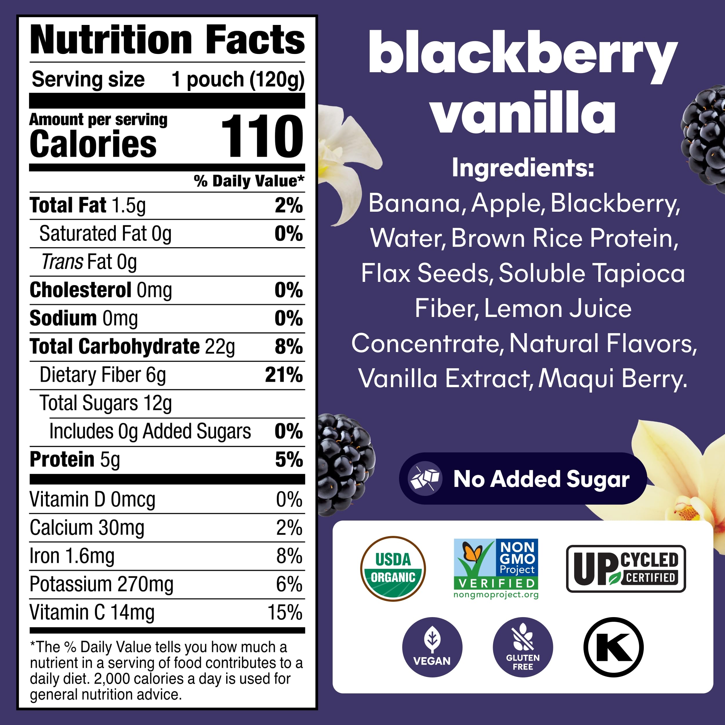 NOKA Blackberry Vanilla Smoothie Pouch back panel shows nutrition details.