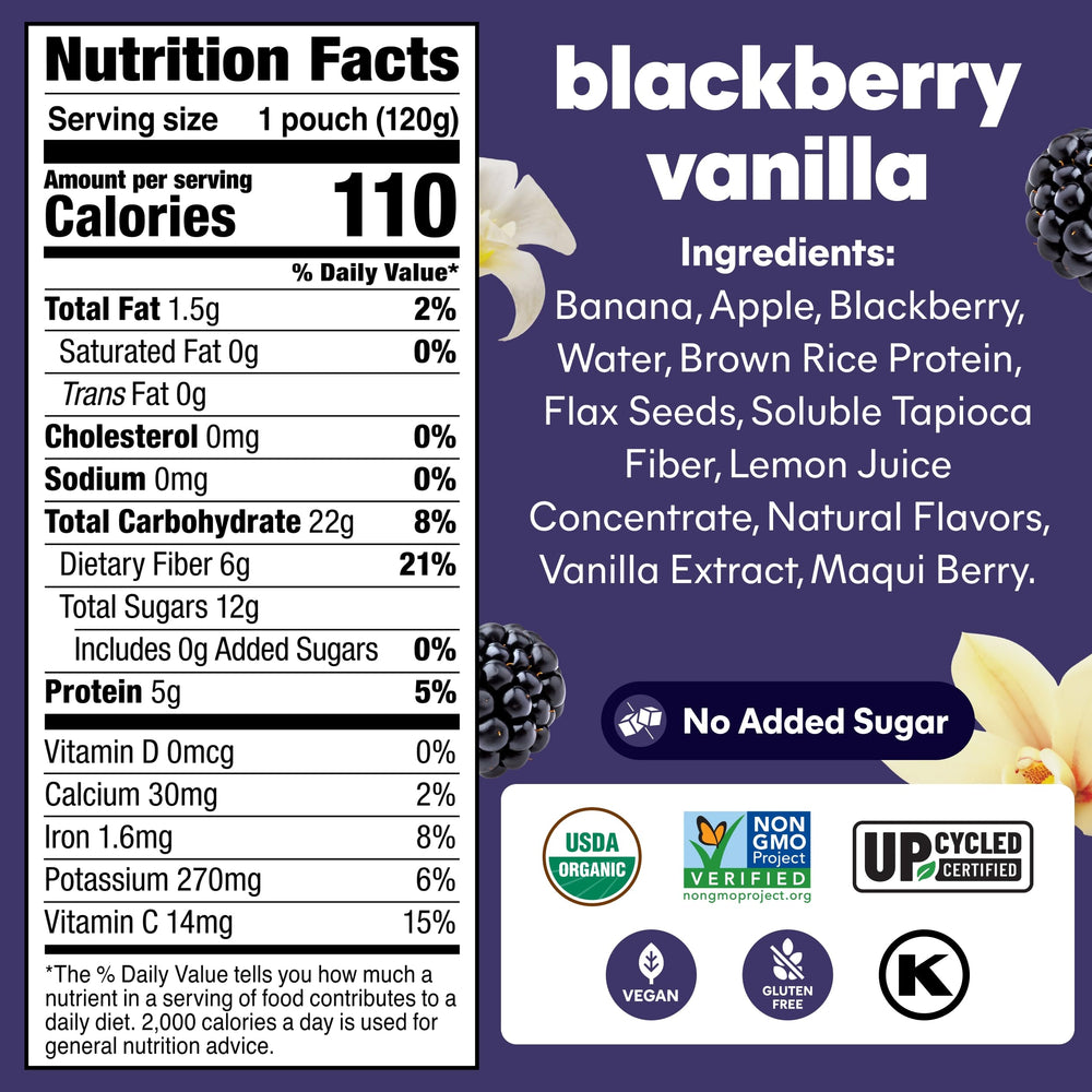 NOKA Blackberry Vanilla Smoothie Pouch back panel shows nutrition details.