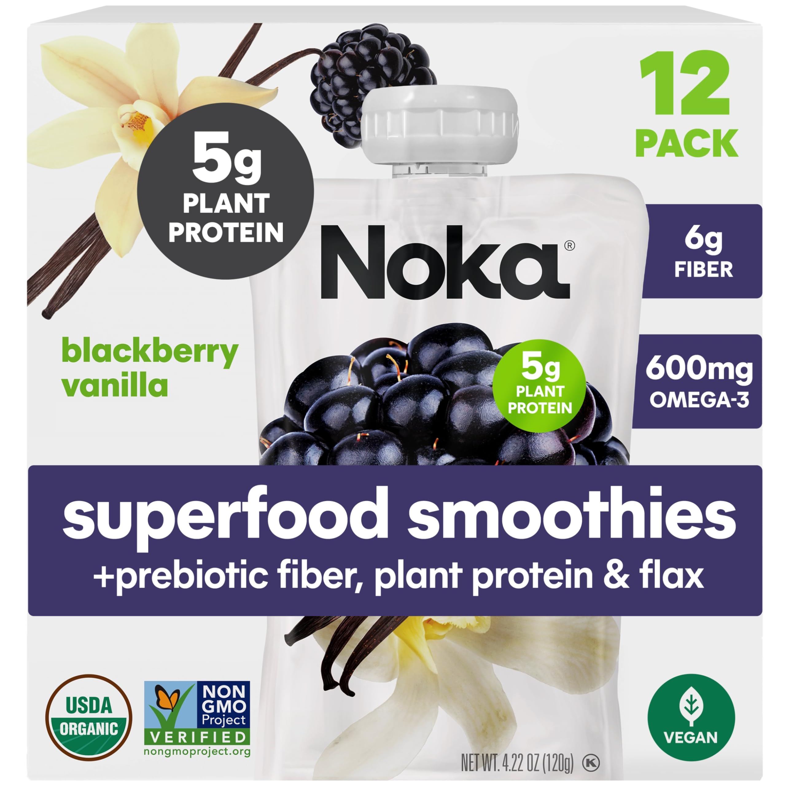 NOKA Blackberry Vanilla Smoothie Pouch front view for on-the-go snacking.