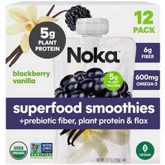 NOKA Blackberry Vanilla Smoothie Pouch front view for on-the-go snacking.