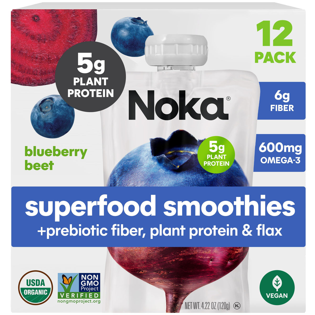 NOKA Blueberry Beet smoothie pouch front view highlighting on-the-go convenience.