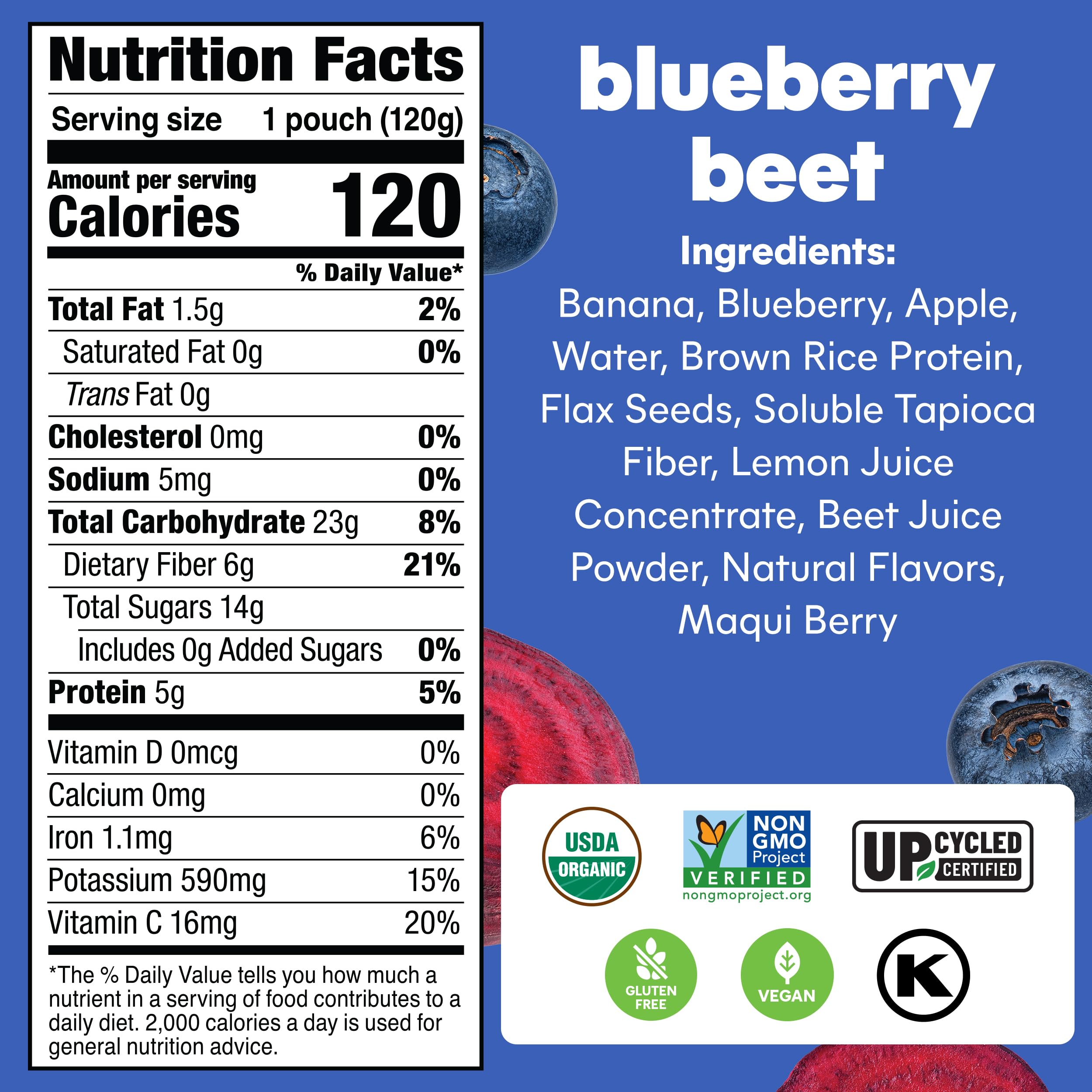 NOKA Blueberry Beet pouch side profile showcasing portable snack.