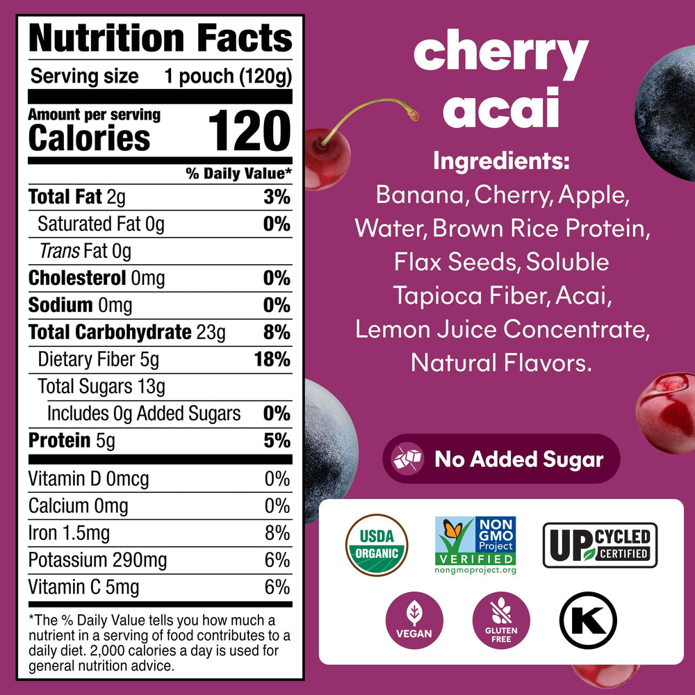 Close-up of NOKA Cherry Acai pouch label showing organic ingredients