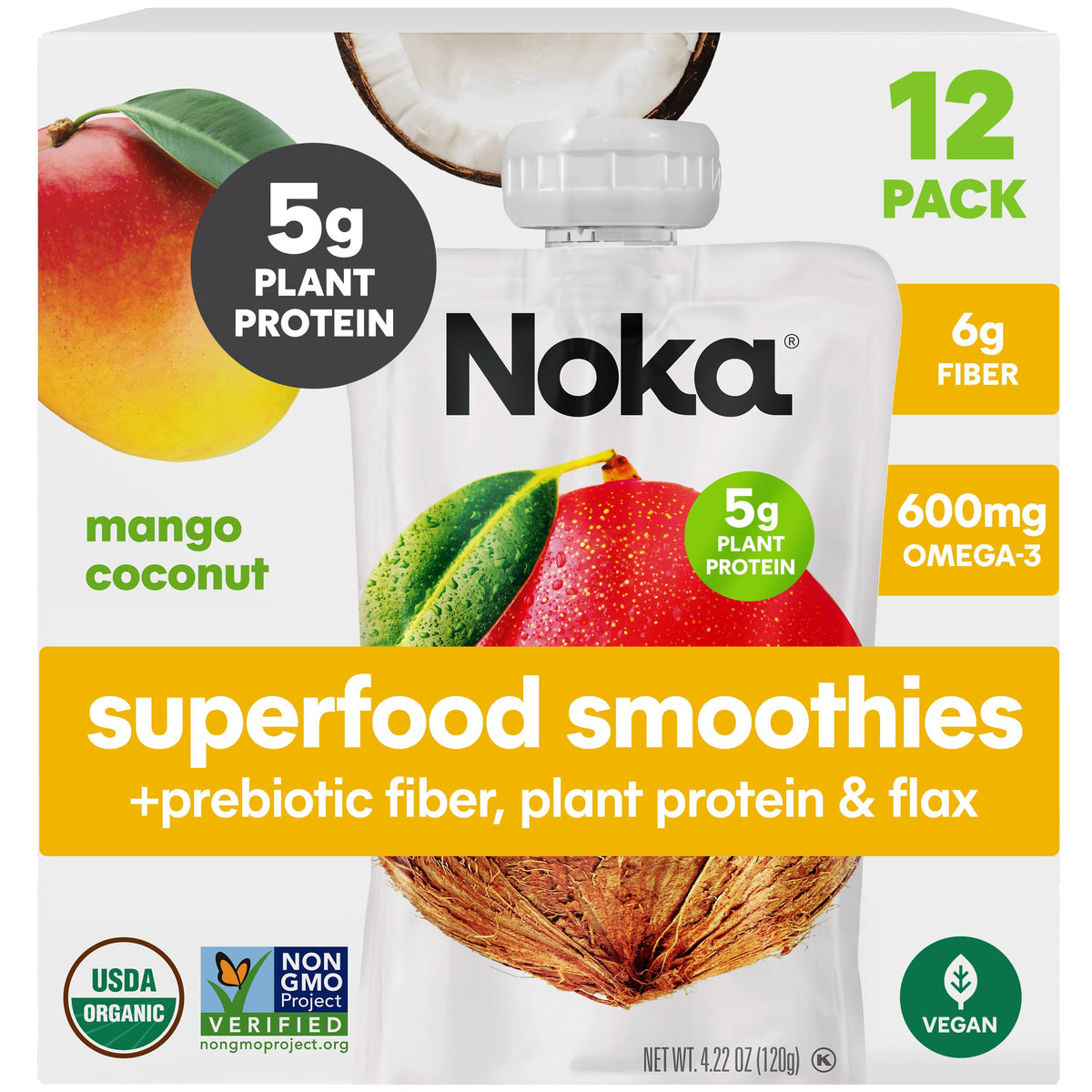 NOKA Mango Coconut smoothie pouch ready for on-the-go snacking.
