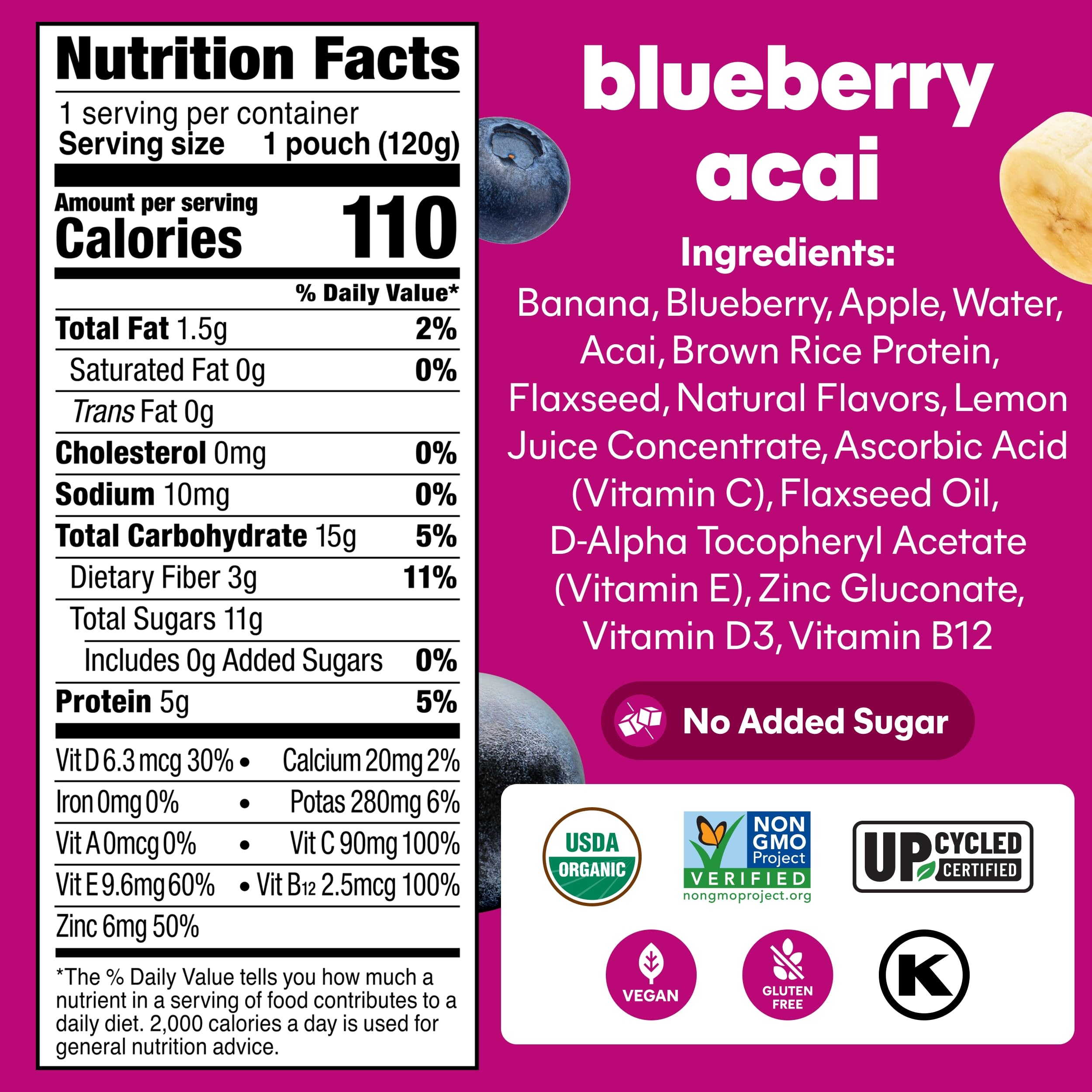NOKA plant-protein berry blend in a smoothie pouch.