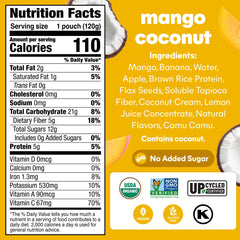 Close-up of NOKA packaging showing organic ingredients and vibrant mango color.