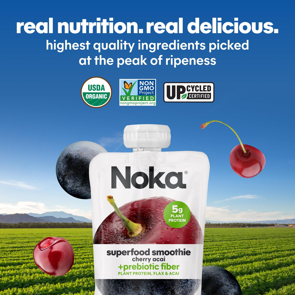 NOKA smoothie pouch ingredients graphic: cherries, acai, bananas