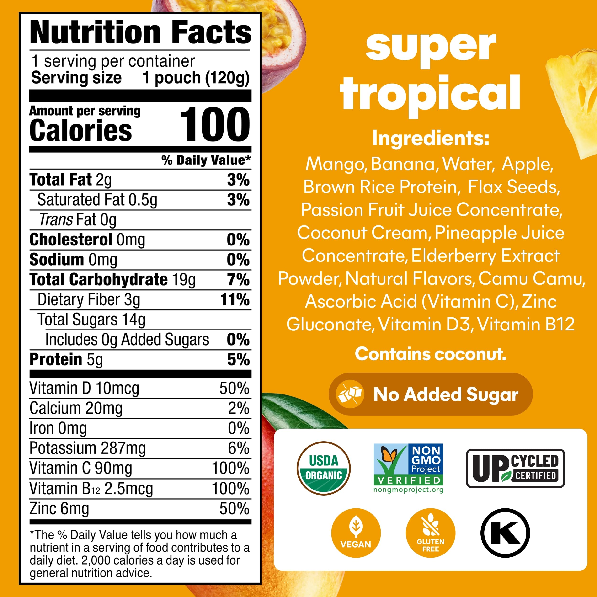 NOKA smoothie pouch ingredients label shows plant-based, organic fruit mix.