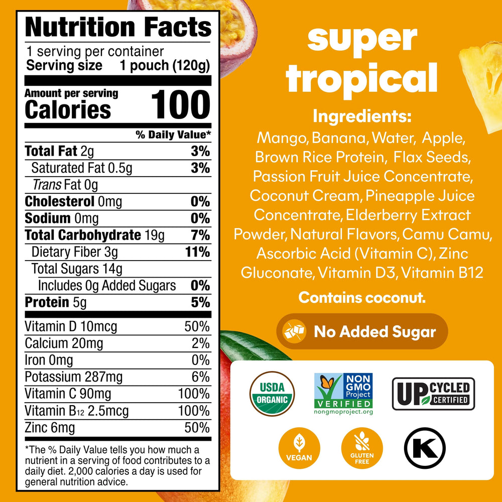 NOKA smoothie pouch ingredients label shows plant-based, organic fruit mix.