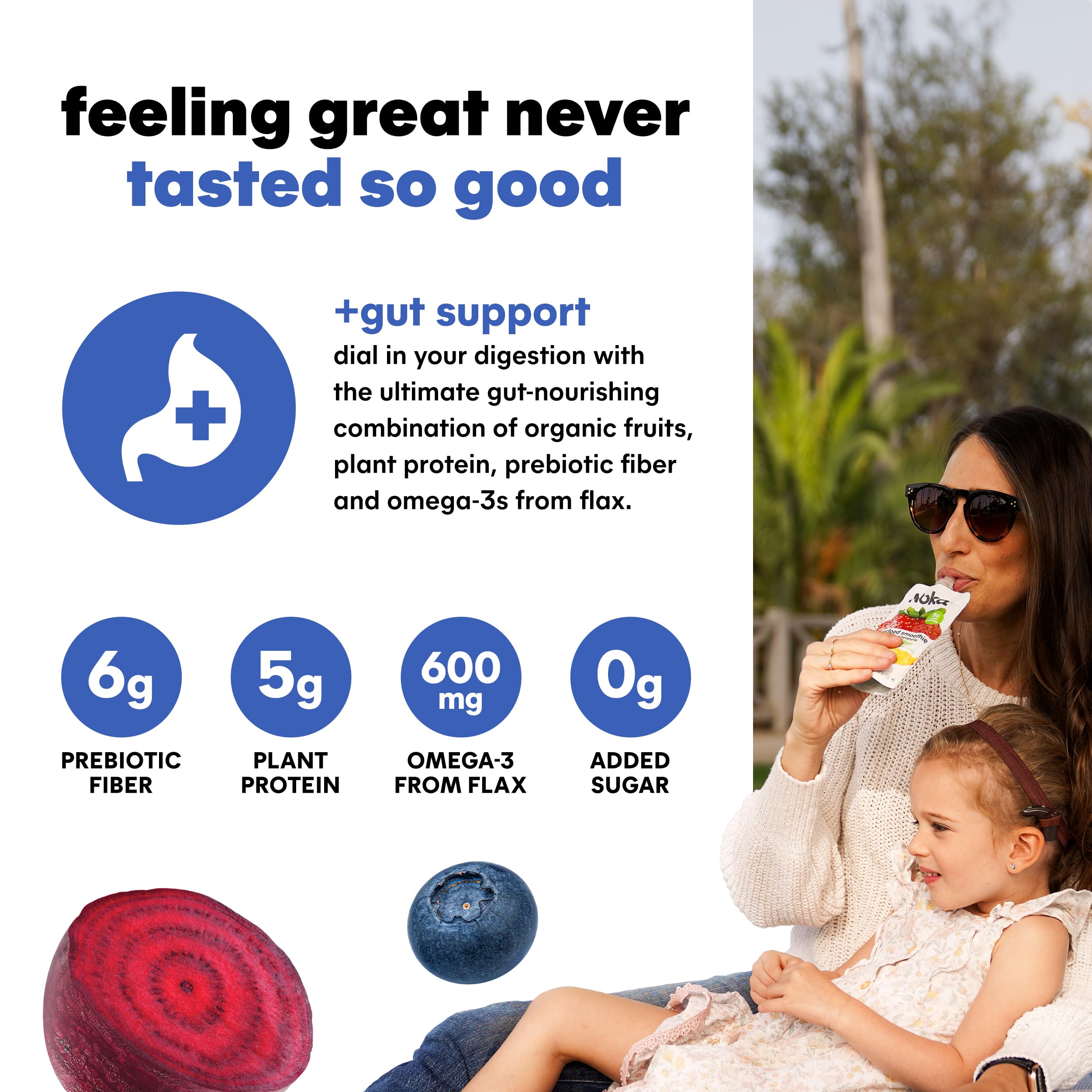 NOKA smoothie pouch open reveals colorful fruit blend
