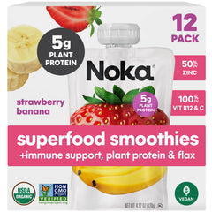 NOKA Strawberry Banana smoothie pouch front view, convenient on-the-go snack.
