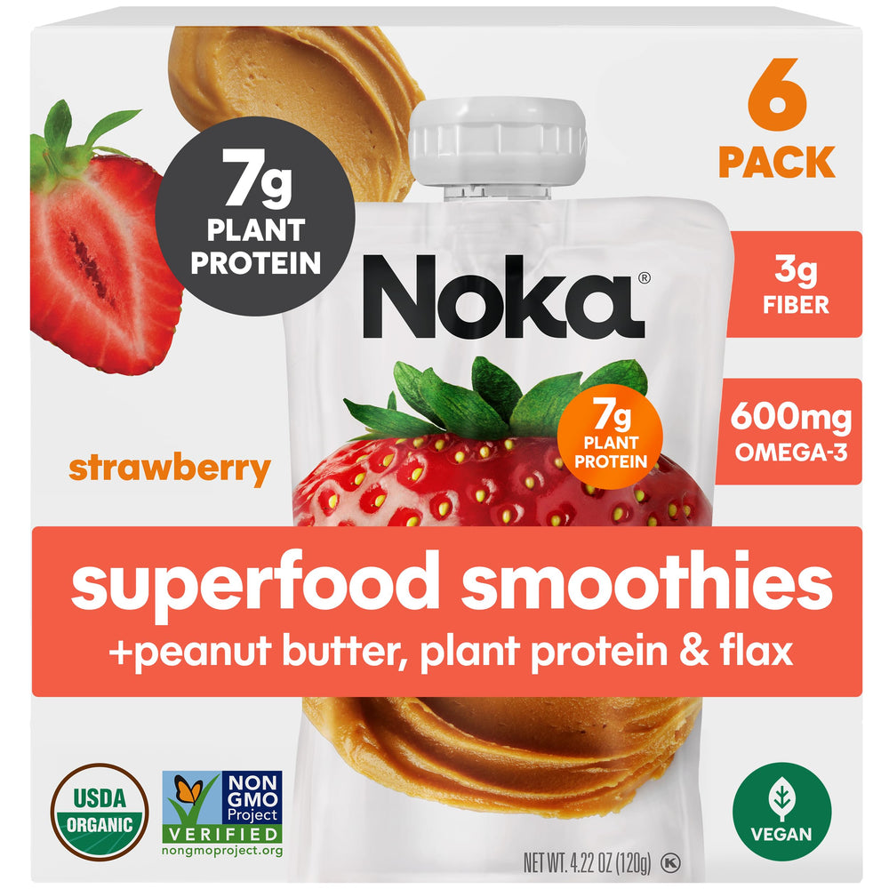NOKA strawberry peanut butter smoothie pouches for quick on-the-go snacking.