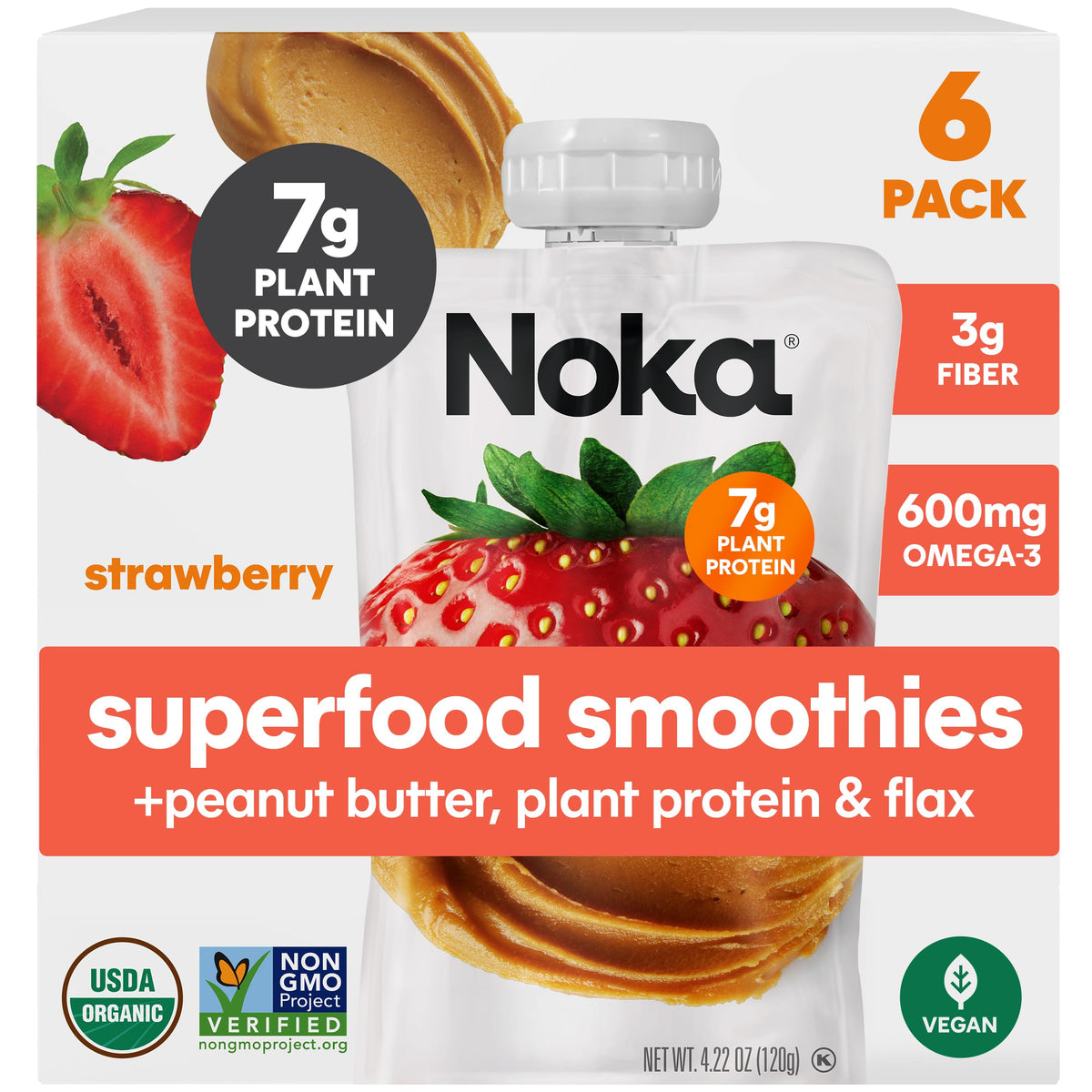 NOKA strawberry peanut butter smoothie pouches for quick on-the-go snacking.