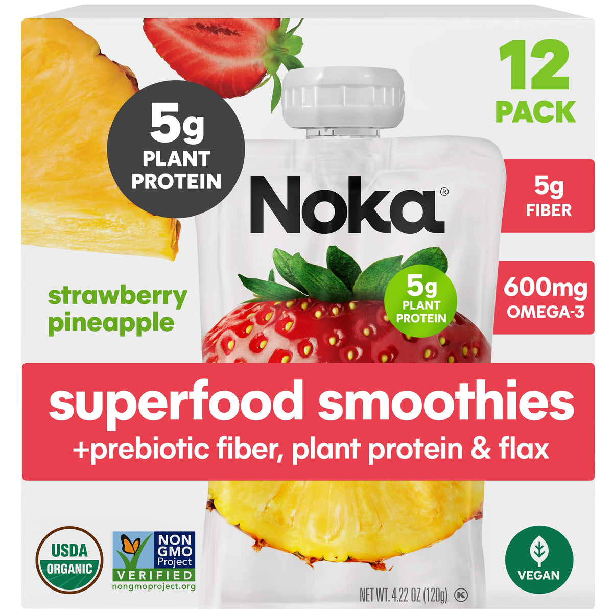 NOKA strawberry-pineapple-smoothie-pouch, on-the-go nutrition with plant protein.