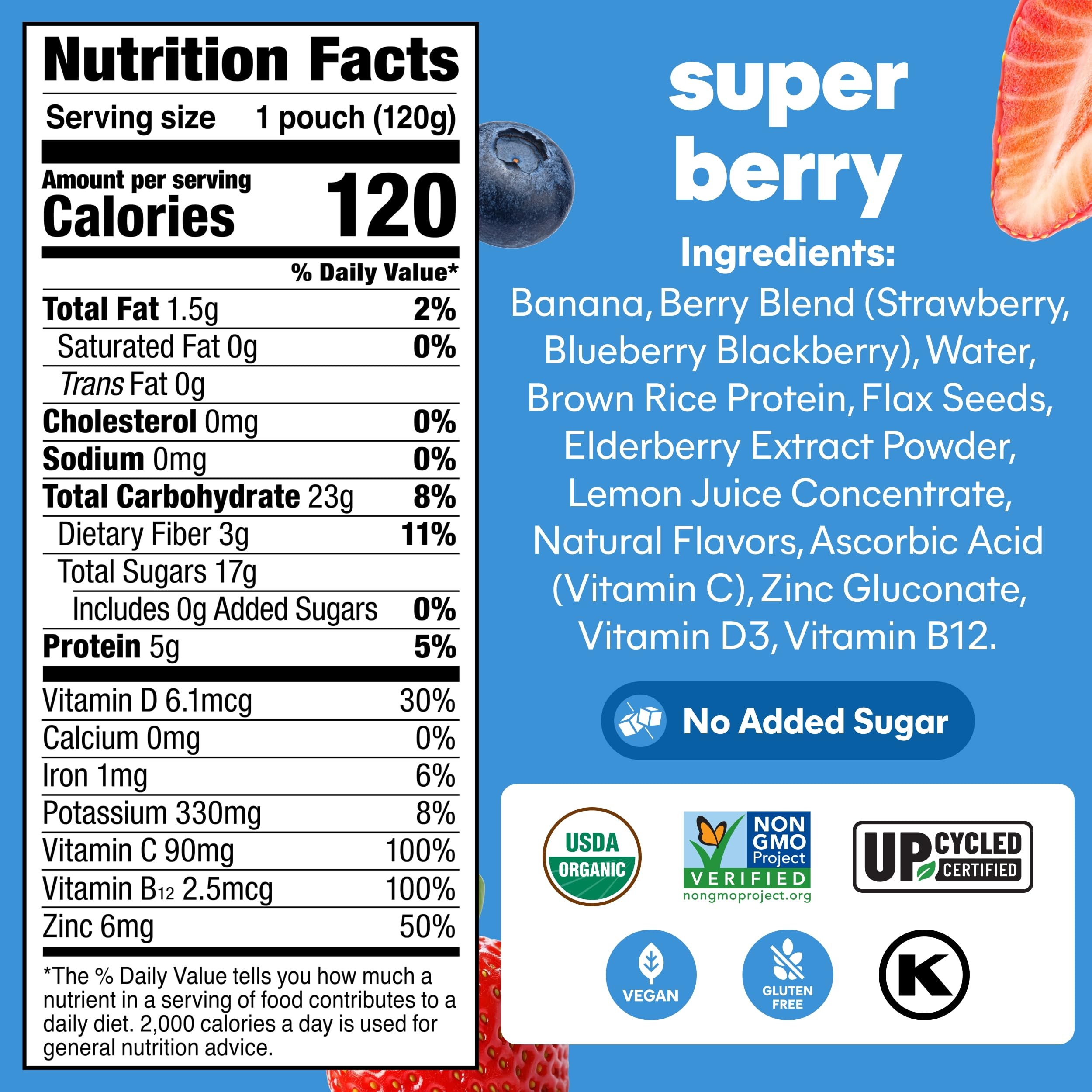 NOKA Super Berry pouch ingredients highlight organic berries and flax.
