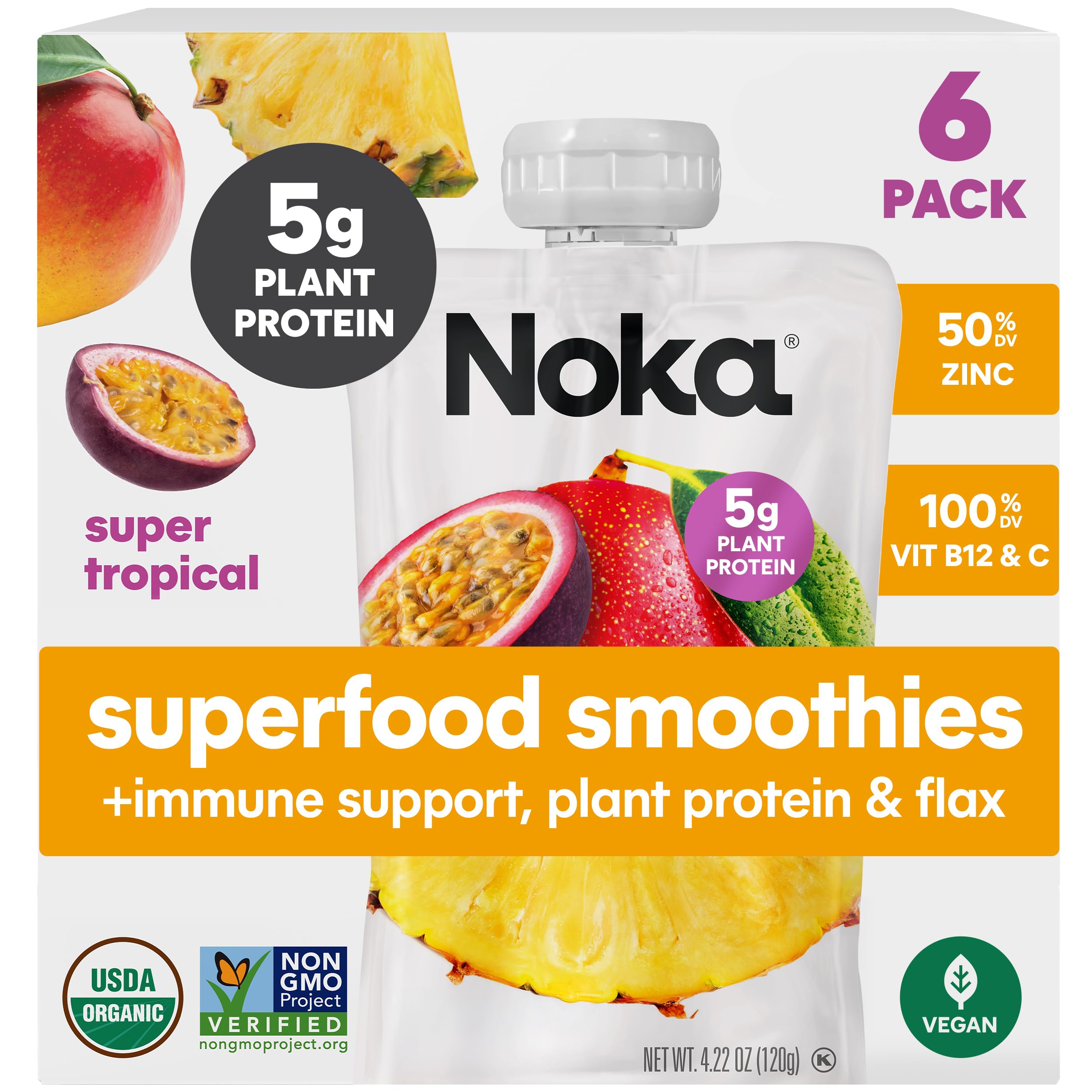 NOKA Super Tropical smoothie pouch front view highlights tropical fruit blend for quick energy.