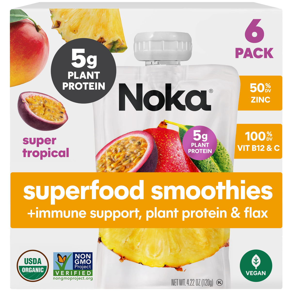 NOKA Super Tropical smoothie pouch front view highlights tropical fruit blend for quick energy.