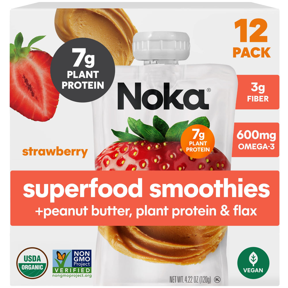 NOKA strawberry peanut butter smoothie pouch front view for on the go